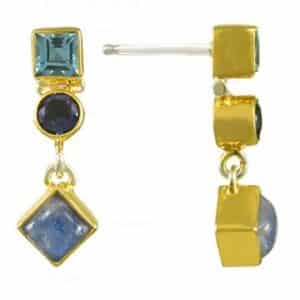 Silver & 22kt vermeil earrings by Michou Jewelry with blue topaz, handpainted rainbow moonstone and iolite.