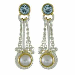 Silver & 22kt vermeil earrings by Michou Jewelry with blue topaz and pearl.