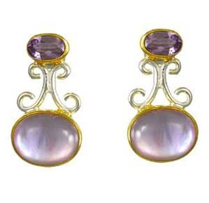 Silver & 22kt vermeil earrings by Michou Jewelry with amethyst and rose de france & mother of pearl.