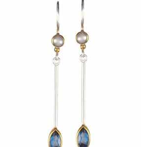 Sterling Silver and 22K Gold Vermeil Earrings by Michou Jewelry with Baby Blue Topaz and White Freshwater Pearl.
