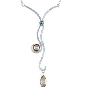 Silver and 22kt vermeil necklace by Michou Jewelry with White Freshwater Pearl, White Quartz and Sky Blue Topaz.