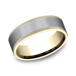 Benchmark "The Rogue" band 14K yellow gold with knurled edge and satin finish grey tantalum centre.