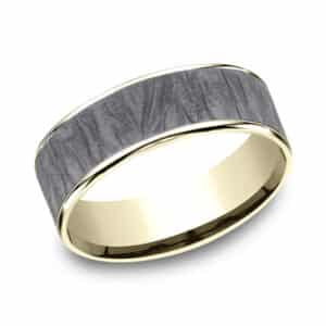 "The Loom" by Benchmark 7.5mm grey tantalum fabric patterned centre with 14K yellow gold edges.
