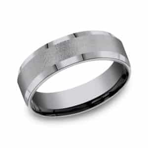 Grey tantalum Benchmark 7mm band with wire brush centre and beveled edges.