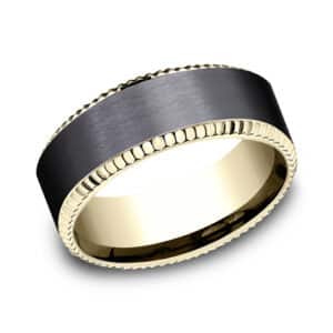 Satin black titanium centre and 14K yellow gold beveled edge with coin detail Benchmark 8mm band.