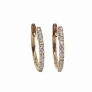 14K Rose gold diamond hoops set with 28 round brilliant cut diamonds, 0.12 total carat weight.