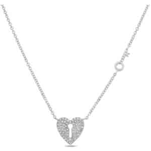 14K White gold diamond heart locket and key necklace set with 66 round brilliant cut diamonds, 0.14cttw.