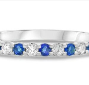14K White gold lady's ring set with 6 round brilliant cut diamonds, 0.15cttw, and 7 sapphires, 0.24cttw.