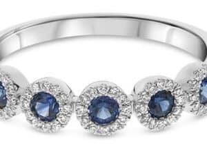 14K White gold lady's halo band set with 60 round brilliant cut diamonds, 0.13cttw, and 5 sapphires, 0.34cttw.