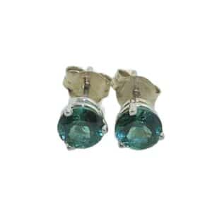14K White gold 3 prong stud earrings set with 2 blue -green round tourmaline, 1.08 total carat weight.