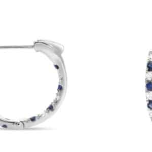 14K White gold inside out hoop earrings set with 16 sapphires, 0.75cttw, and 12 round brilliant cut diamonds, 0.42cttw.