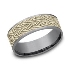 14K Yellow gold & grey tantalum men's 7.5mm band "The Waterford" by Benchmark with a celtic arrow knot design centre.