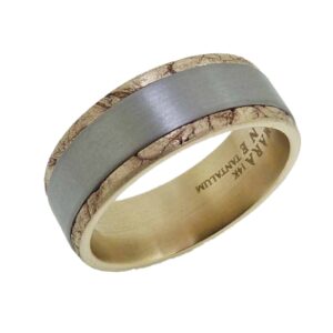 14K Yellow gold & grey tantalum 8mm men's band by Benchmark with satin centre & marble finish edge.