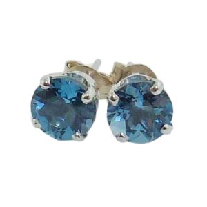 14K White gold London blue topaz stud earrings, 2.10 total carat weight.