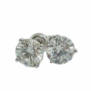 14K White gold 4 prong stud earrings set with 2 round brilliant cut lab grown diamonds, 3.01 total carat weight, G/H/I, VS2-SI1. Available in 14K gold, 18K gold, or platinum. These earrings can be made in any combination of white, pink or yellow gold and can be customized to accommodate different size and shape gemstones, by special order.