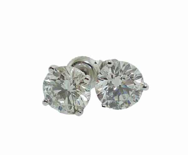 14K White gold 4 prong stud earrings set with 2 round brilliant cut lab grown diamonds, 3.01 total carat weight, G/H/I, VS2-SI1. Available in 14K gold, 18K gold, or platinum. These earrings can be made in any combination of white, pink or yellow gold and can be customized to accommodate different size and shape gemstones, by special order.