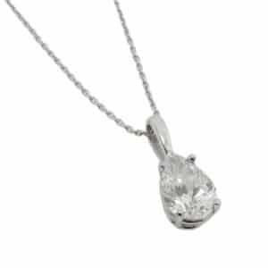 14K White gold pendant on 18" cable chain set with a 1.05 carat E, VS1 pear shape lab grown diamond.