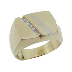 14K Yellow and white gold custom men's diamond band by Studio Tzela channel set with seven princess cut diamonds, 0.168 total carat weight, G/H, VS-SI.