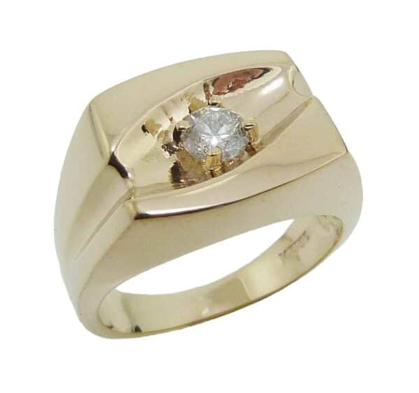 14K Yellow gold Studio Tzela men's diamond ring set with a 0.334 carat round brilliant cut diamond, H, SI2-I1.