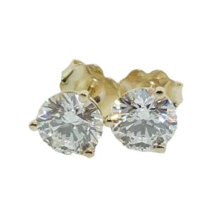 14K Yellow gold martini style diamond stud earrings claw set with two round brilliant cut lab grown diamonds, 1.04 carat, D, VVS2, and a 1.04 carat, D, VVS2.