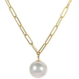 14K Yellow gold 15.25" paperclip chain choker style necklace with a 14-15mm freshwater pearl dangle.