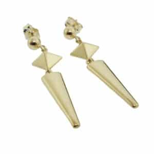14K Yellow gold dangling earrings with a 4mm ball with pyramid arrow drop.