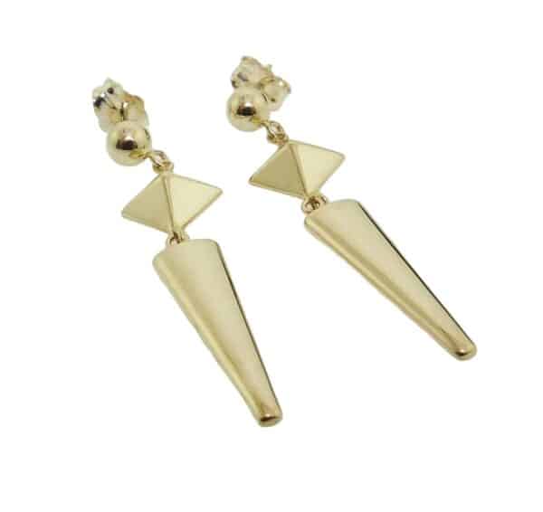 14K Yellow gold dangling earrings with a 4mm ball with pyramid arrow drop.