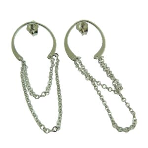 14K White gold horseshoe shape earrings with chain dangle.