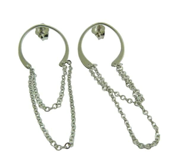 14K White gold horseshoe shape earrings with chain dangle.