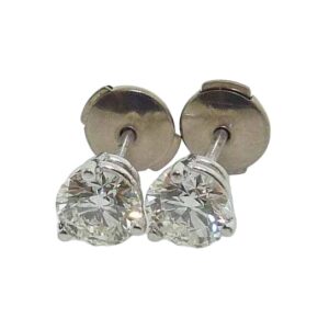 14K White gold three prong stud earrings with locking backs claw set with two ideal, round brilliant cut diamonds by Hearts On Fire, 0.341 carat, I, SI1 & 0.338 carat, H, SI1.