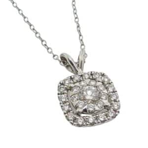 14K White gold Bouquet cushion halo diamond pendant claw set with 0.58 total carat weight, G/H, SI1-I1, round brilliant cut diamonds.
