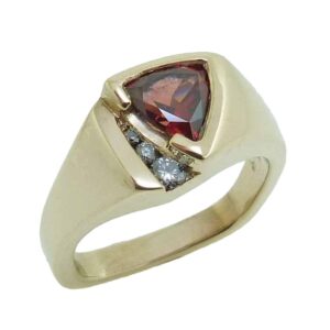 14K Yellow gold Studio Tzela custom lady's ring bezel set in the centre with a 0.89 carat trillion shape garnet and accented with 3 channel set round brilliant cut diamonds, 0.042 total carat weight, SI.