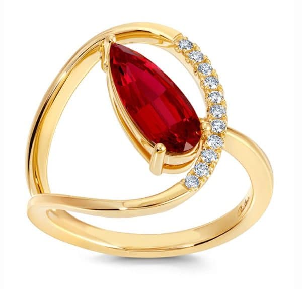 14K Yellow gold Chatham lady's ring claw set with a 12x5mm pear shape lab grown ruby, 1.8 carat, and accented with 0.11 total carat weight round brilliant cut lab grown diamonds.