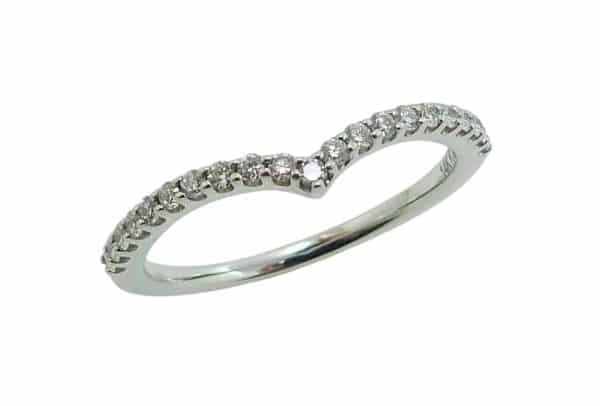 14K White gold pointed curve lady's wedding band claw set with twenty-one round brilliant cut lab grown diamonds, 0.189 total carat weight, F/G, VS-SI1.