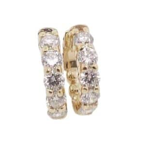 14K Yellow gold vault lock hinged hoops claw set with ten lab grown round brilliant cut diamonds, 1.6 total carat weight, F/G, VS-SI1.