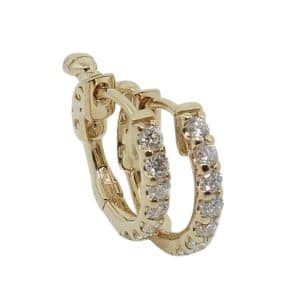 14K Yellow gold hinged hoops set with fourteen lab grown round brilliant cut diamonds, 0.28 total carat weight, F/G, VS-SI1.