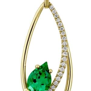 14K Yellow gold Chatham pendant set with a 1.09 carat flame shape Chatham emerald and accented with round brilliant cut lab grown diamonds, 0.16 total carat weight.