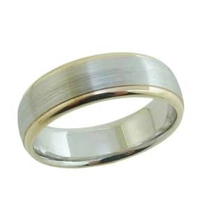 10K White and yellow gold men's wedding band, 6.5 mm, satin finish white gold center with yellow polished edges.