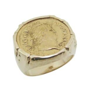 10K Yellow gold custom men's ring bezel set with a 22K copy of an ancient Caesar Augustus coin that is so good it almost fooled New York collectors.