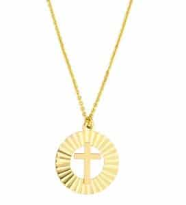 14K Yellow gold 18" cable chain with a fluted disc cross pendant.