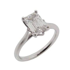 14K White gold engagement ring claw set with a 1.57 carat, E, VVS2, emerald cut lab grown diamond.