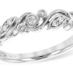 14K White gold leaf and vine bezel and bead set lady's band with 0.14 total carat weight natural round brilliant cut diamonds, G/H, SI+.