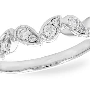 14K White gold lady's band natural round brilliant cut diamonds bead set in askew pear shapes, 0.32 total carat weight, G/H, SI1+.