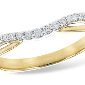 14K Yellow gold claw set diamond lady's curved wedding band, 0.17 total carat weight, G/H, SI1+.