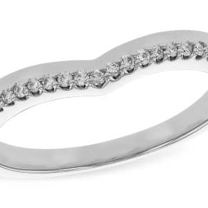 14K White gold lady's curved diamond band claw set with natural round brilliant cut diamonds, 0.12 total carat weight, G/H, SI1+.