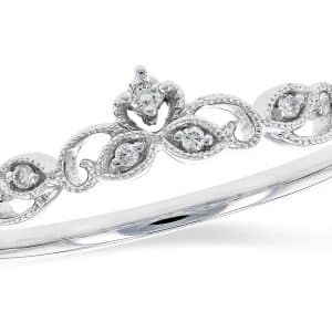 14K White gold crown diamond band with filigree details, bead set with 0.04 total carat weight natural round brilliant cut diamonds, G/H, SI1+.