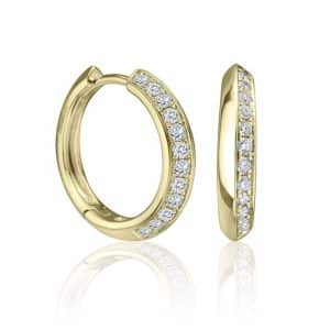 14K Yellow gold hinged hoops offset with 0.14 total carat weight, natural round brilliant cut diamonds, G/H, SI.