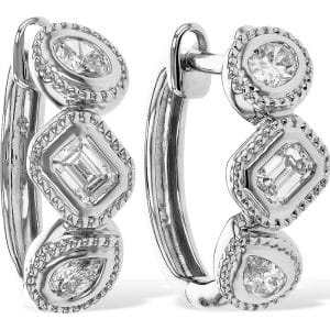 14K White gold bezel set oval, pear, emerald fancy cut natural diamond hinged hoops, 0.42 total carat weight.