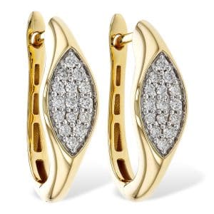 14K Yellow gold pave set natural round brilliant cut diamonds in a marquise shape hinged hoops, 0.25 total carat weight, G/H, SI+.