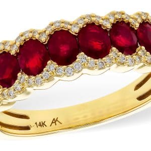14K Yellow gold bezel halo seven oval ruby lady's band, 1.40 total carat weight, accented with round brilliant cut natural diamonds, 0.17 total carat weight, G/H, SI1+.